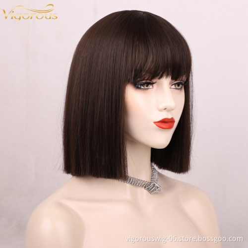 Hot Seling Bob Cheap Good Short Cut Straight Synthetic Hair Wig With Bang No Lace Heat Resistant For Black Women